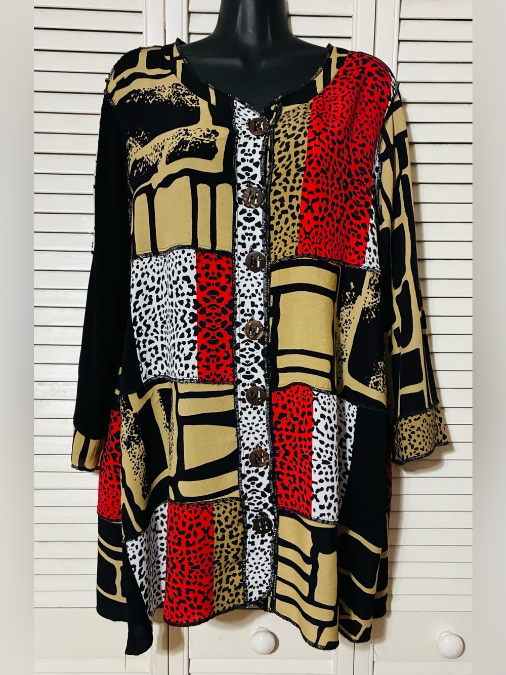 John Mark Red Black Tan Patchwork Button-Front Top